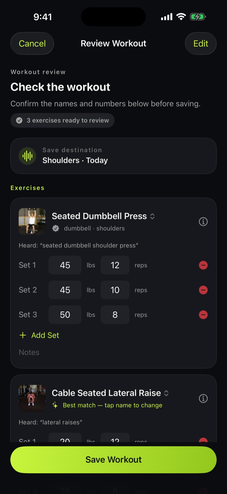 SayLift's review screen after a voice log, showing the exercises, sets, reps and weights it heard